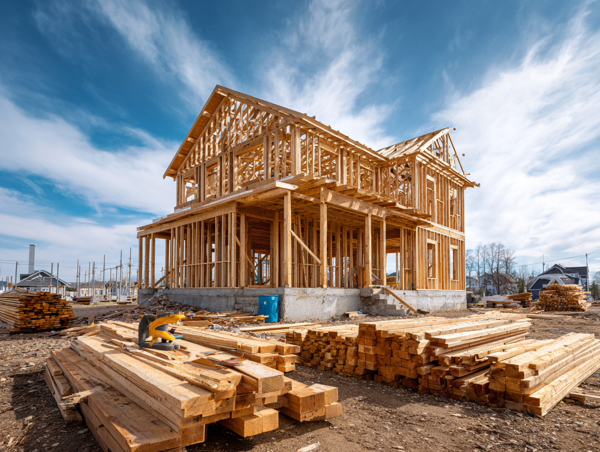 Residential construction team reviewing plans on site